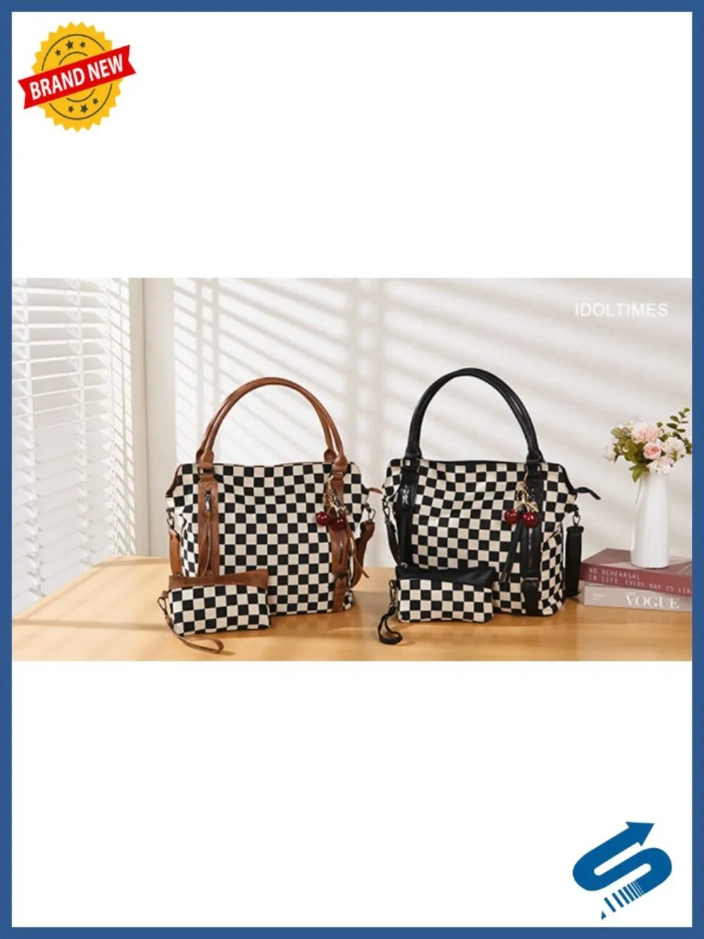 Vintage Checkered Crossbody Bag with Wallet and Cherry Charm, Faux Leather